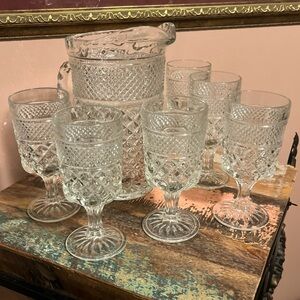 VINTAGE Anchor Hocking WEXFORD Glass Pitcher & Goblet Set